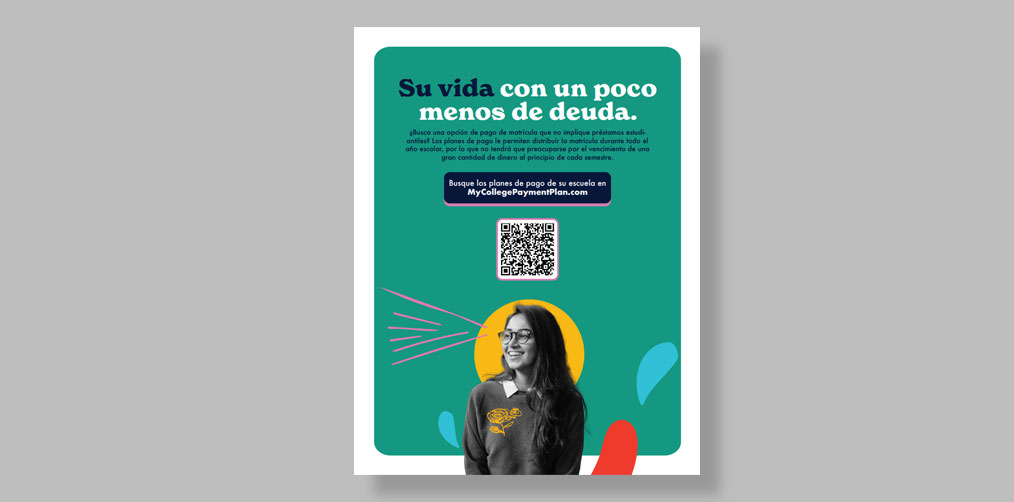 A screenshot of a flyer with Spanish text at the top explaining how to use payment plans to lessen your debt