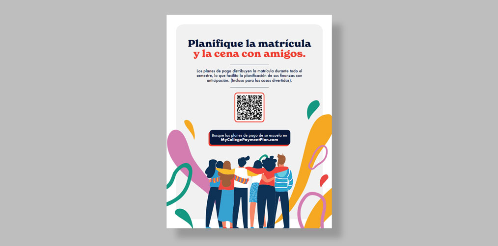 A screenshot of a flyer with Spanish text at the top encouraging people to plan for tuition over dinner with friends.