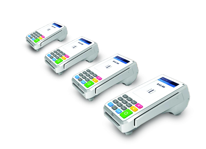 A row of point of sale devices on a white background