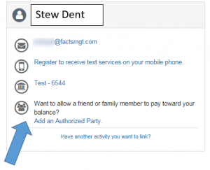 Example of adding an authorized user to student payment plan account.