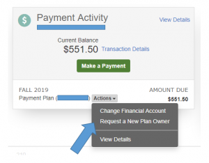 Example of requesting a new plan owner within student account.