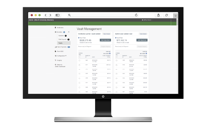 A screenshot of Nelnet Campus Commerce software's vault management screen