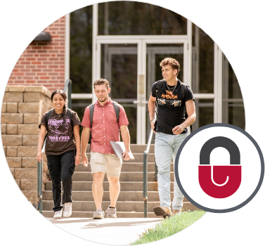 A padlock overlaying three higher education students walking on campus