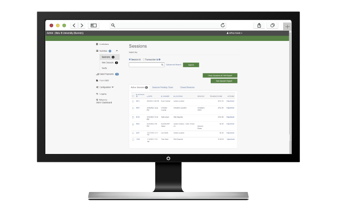 A screenshot of Nelnet Campus Commerce software's sessions screen