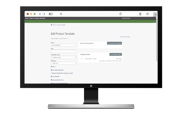 A screenshot of Nelnet Campus Commerce software's edit product template screen