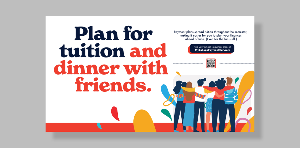 Screenshot of a tv screen promo that encourages students to plan tuition and dinner with friends.