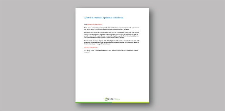 A screenshot of a parent letter template written in Spanish explaining how to treat your future self