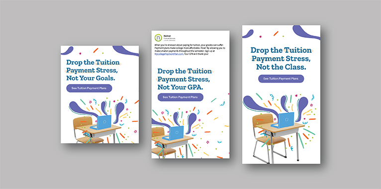 Screenshot of a three social media assets about dropping tuition payment stress, not the class