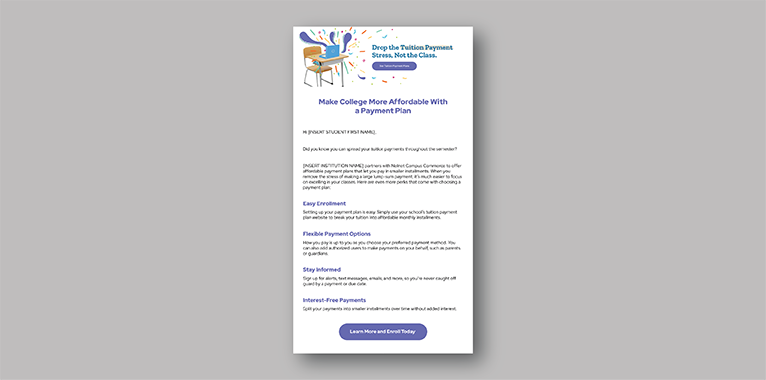 Screenshot of an email template that students can use to drop the tuition payment stress, not the class