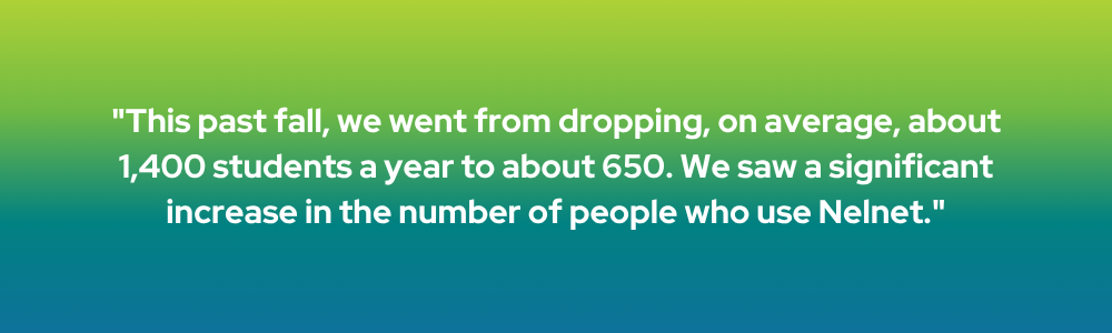 This past fall, we went from dropping, on average, about 1,400 students a year to about 650. We saw a significant increase in the number of people who use Nelnet.