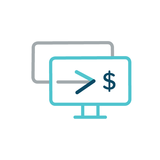 Graphic illustration of a computer monitor with an arrow pointing towards a dollar symbol