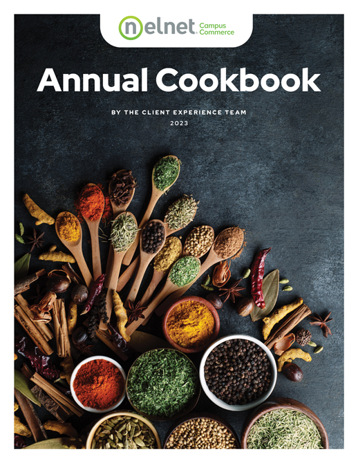 Nelnet Campus Commerce Annual Holiday Cookbook with spoonfuls of various spices on the cover