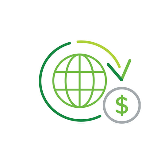 Globe with an arrow pointing towards a dollar symbol