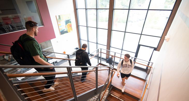 New England College students walking down a stairway