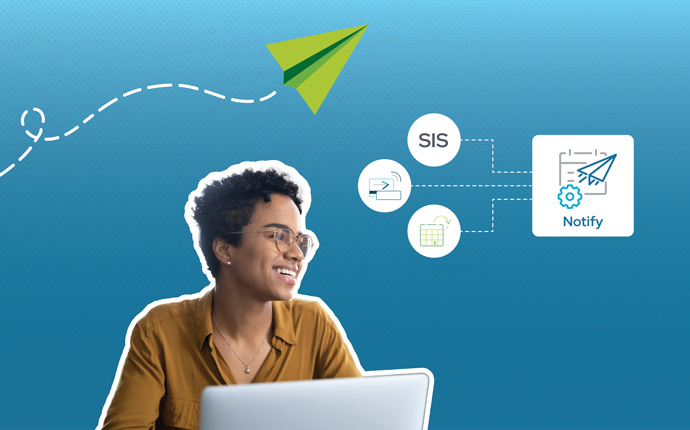 A happy computer user with Notify in the background