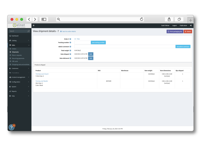 A Nelnet Campus Commerce Storefront dashboard view of a shipment details page