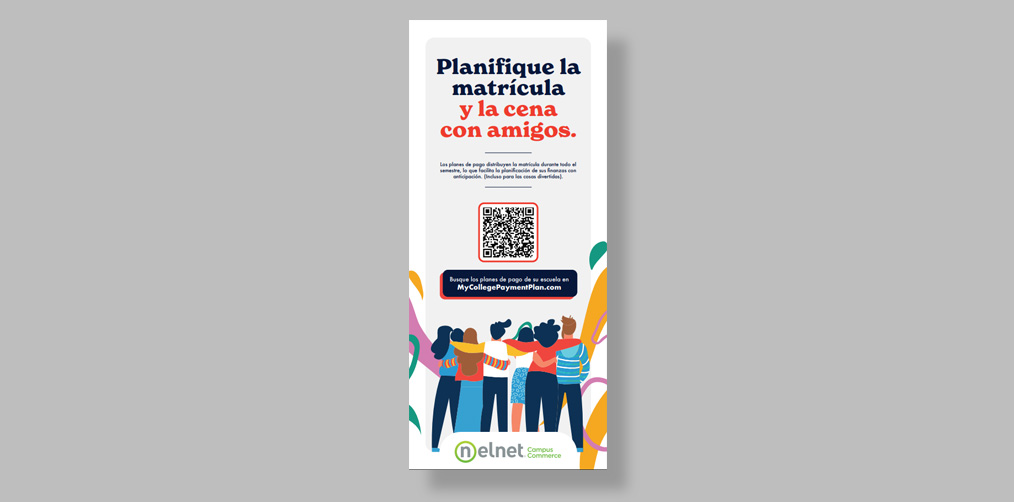 bookmark with Spanish text encouraging people to plan for tuition over dinner with friends