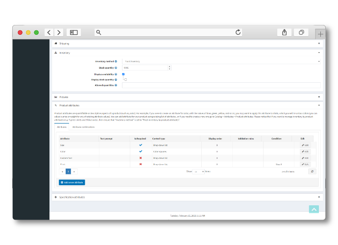 A Nelnet Campus Commerce Storefront dashboard view of a product attributes page