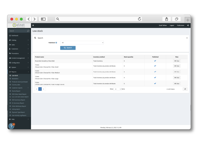 A Nelnet Campus Commerce Storefront dashboard view of a stock details page