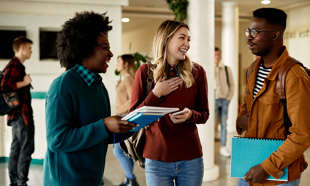 College students talking in the hall