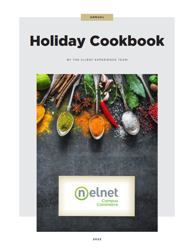 Nelnet Campus Commerce Annual Holiday Cookbook with spoonfuls of various spices on the cover